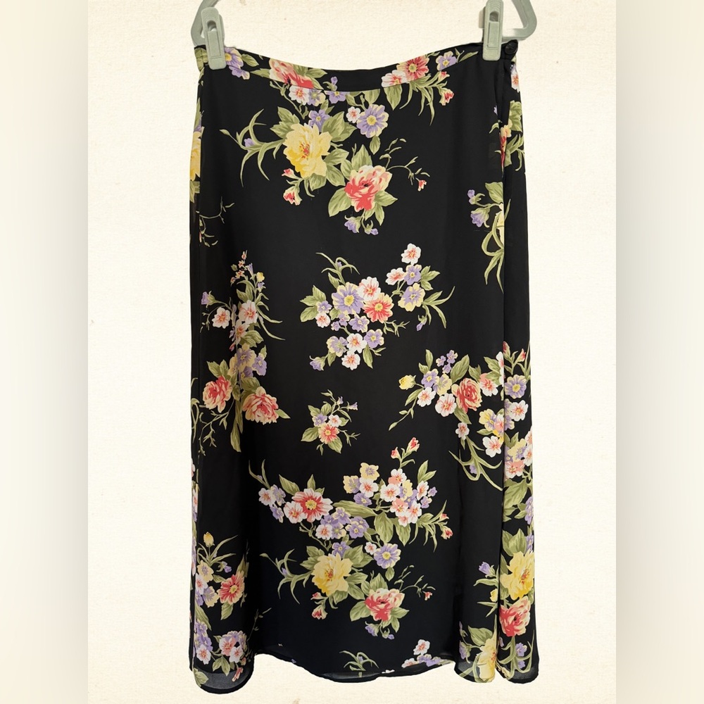 Vintage Liz Claiborne 90s cottagecore black multi floral maxi skirt - Size Large